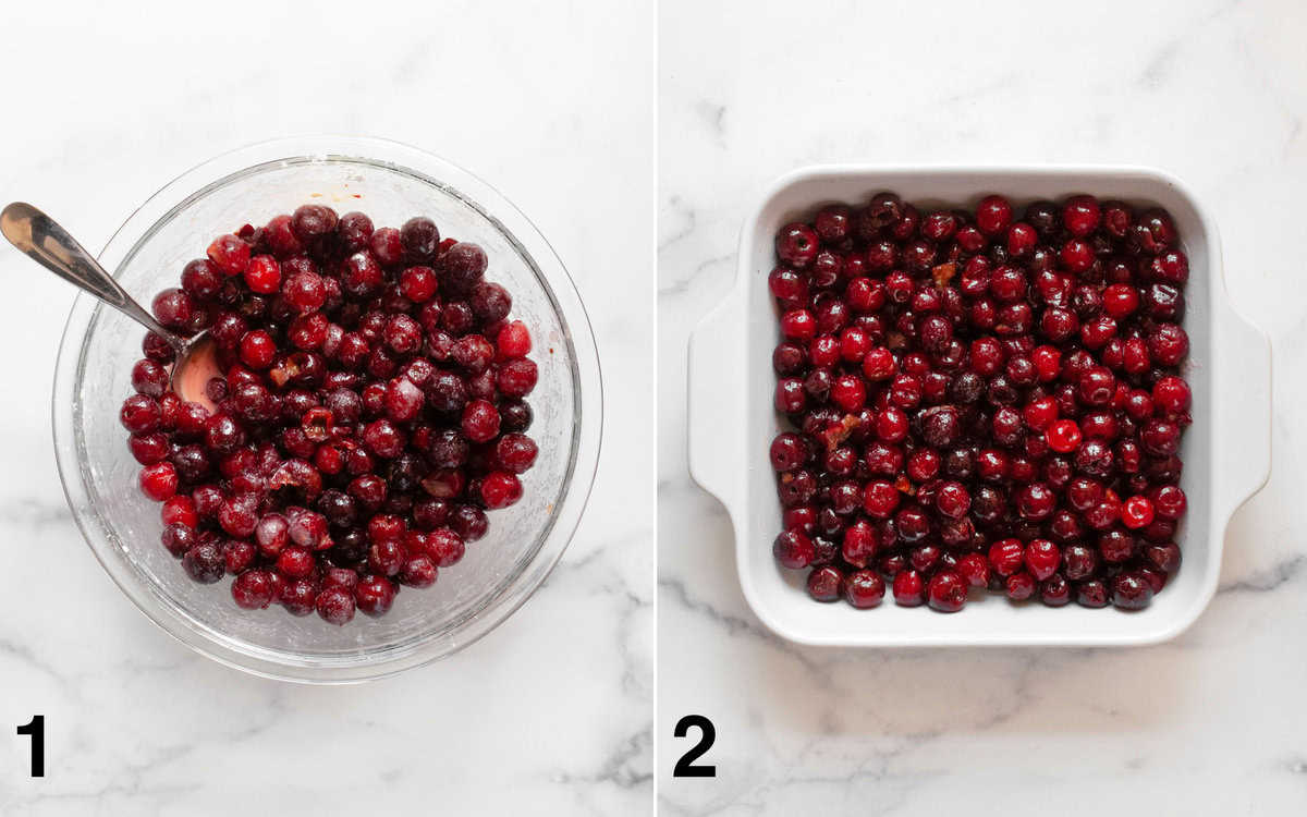 Cherries and filling ingredients stirred in a bowl. Cherries in baking dish.