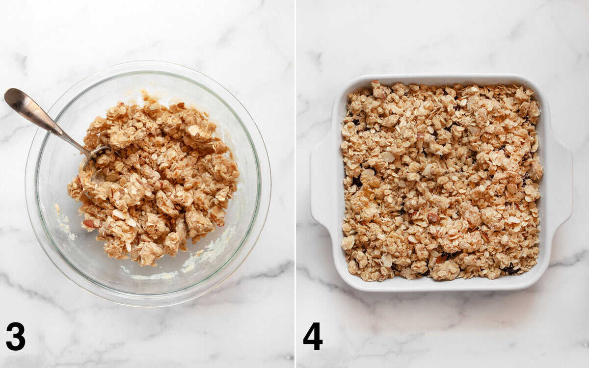 Crumble topping mixed in a bowl. Cherry crumble assembled in a baking dish before you bake it.