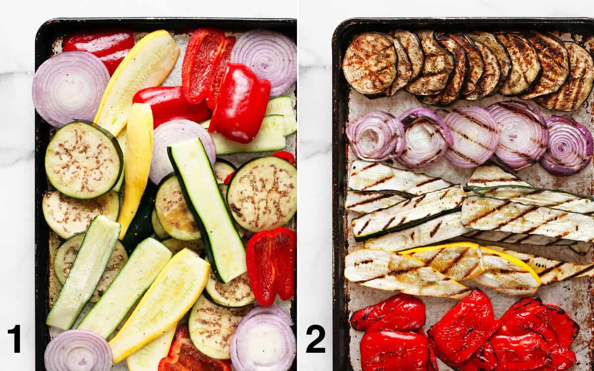 Vegetables on a sheet pan before and after they are grilled.