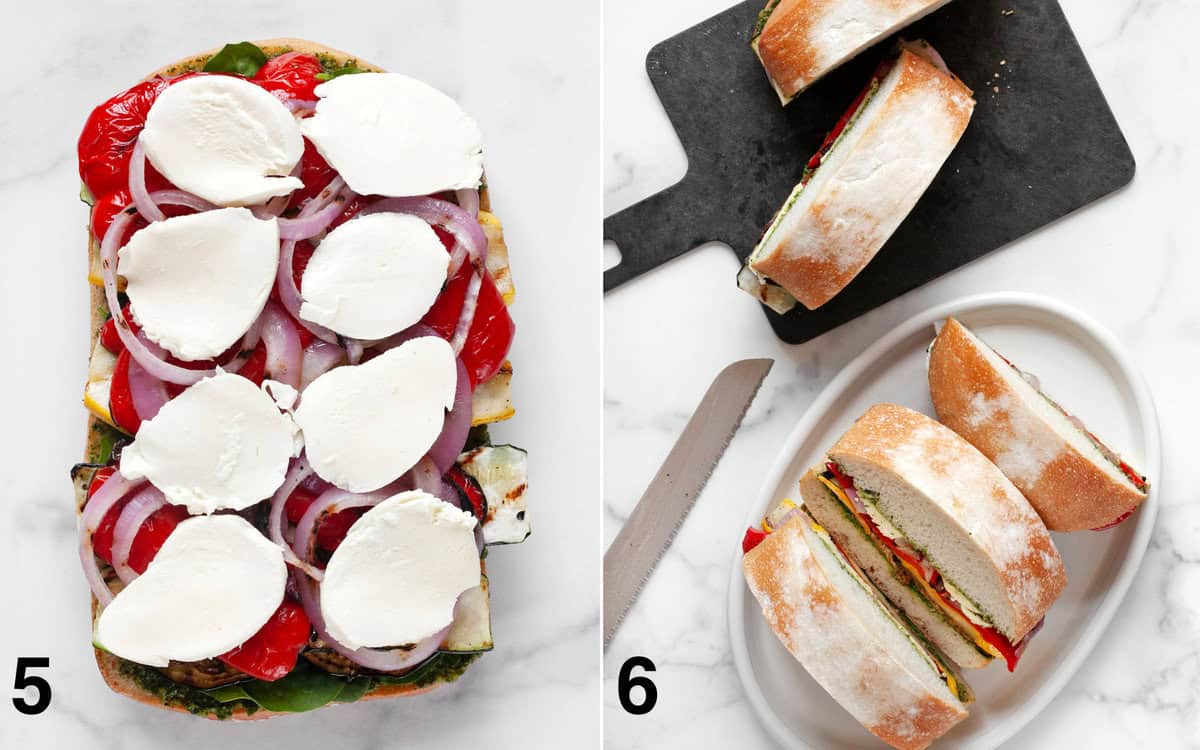 Fresh mozzarella slices on sandwich. Big sandwich sliced into servings sizes.