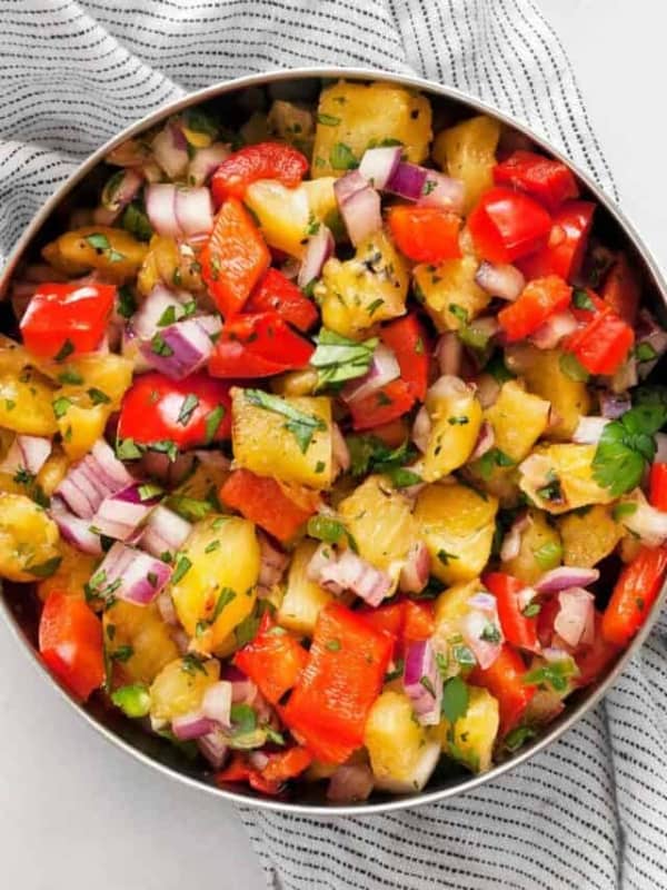 Grilled pineapple salsa in a bowl.