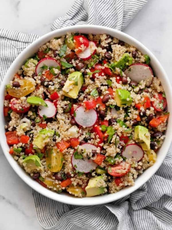 Quinoa black bean salad in a bowl.