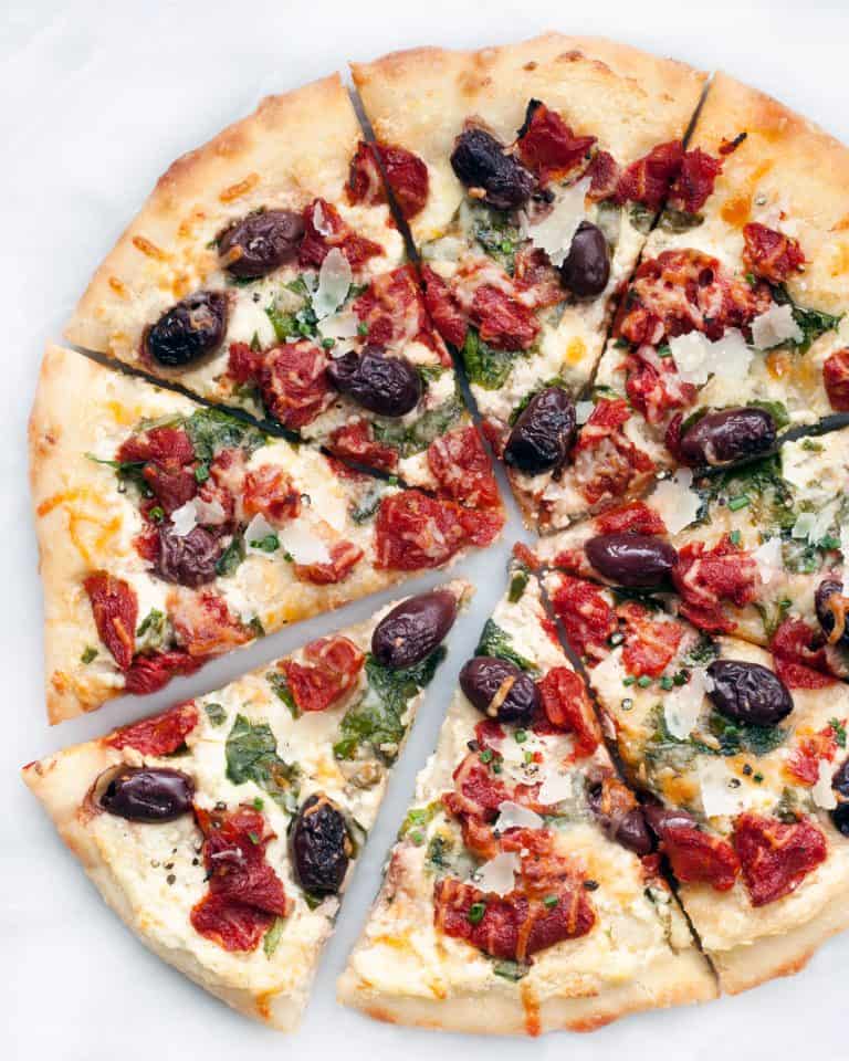 Fire-Roasted Tomato Pizza with Kalamata Olives & Spinach