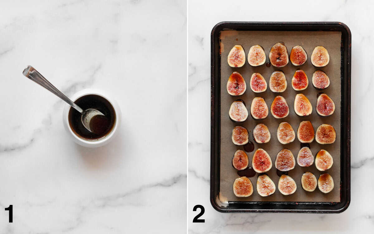 Balsamic-oil mixture in a small bowl. Fresh figs on a sheet pan.