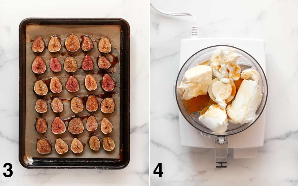 Roasted figs on a sheet pan. Goat cheese dip ingredients in a food processor.