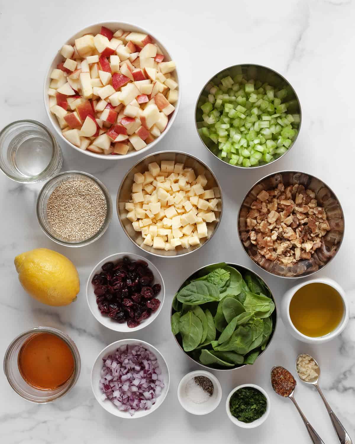 Ingredients including apples, walnuts, celery, cheddar, red onions, baby spinach, dried cranberries, quinoa oil, vinegar, garlic, mustard and seasonings.