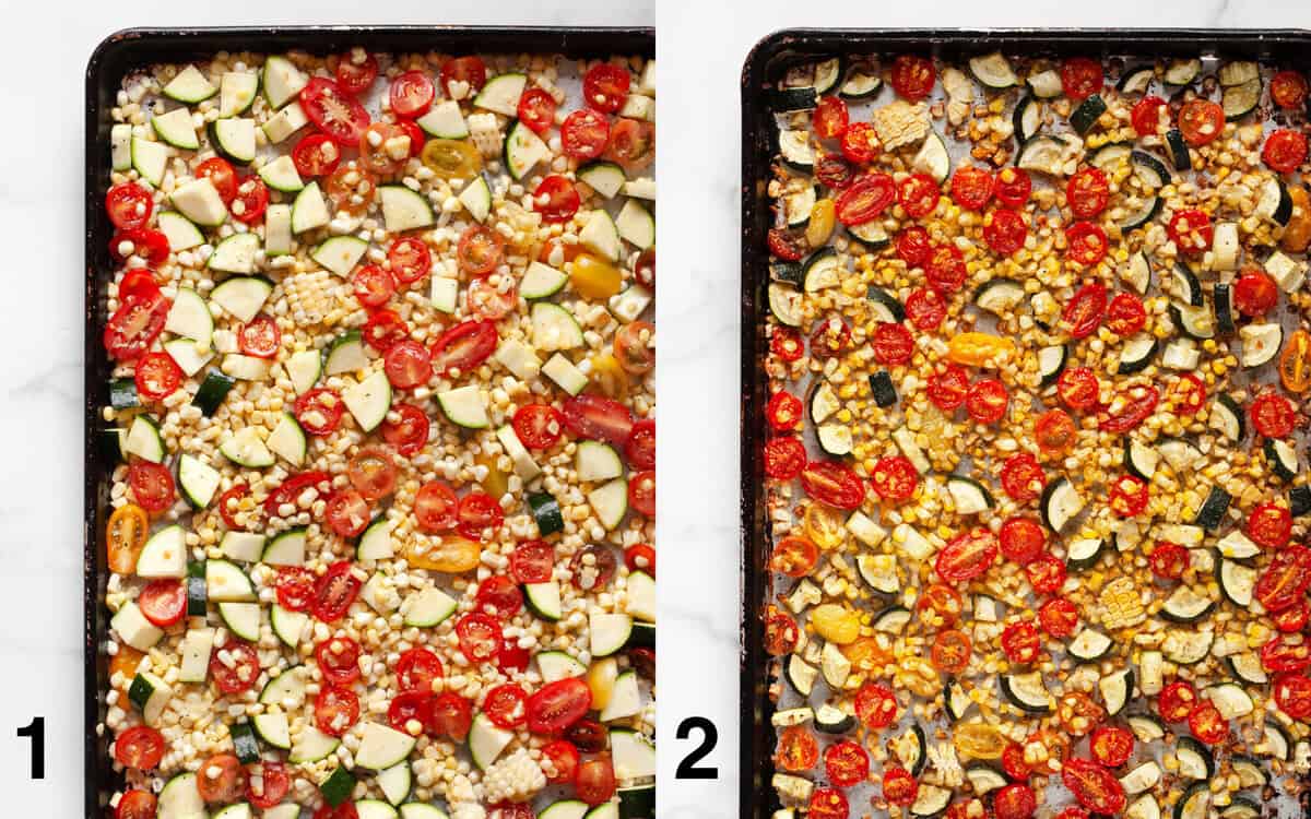 Tomatoes, corn and zucchini on a sheet pan before and after they roast.