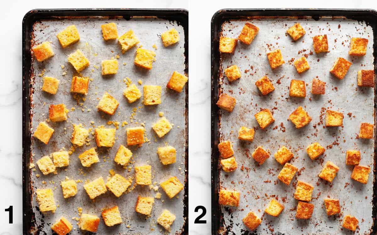 Cubed cornbread on a sheet pan before and after you toast it in the oven.
