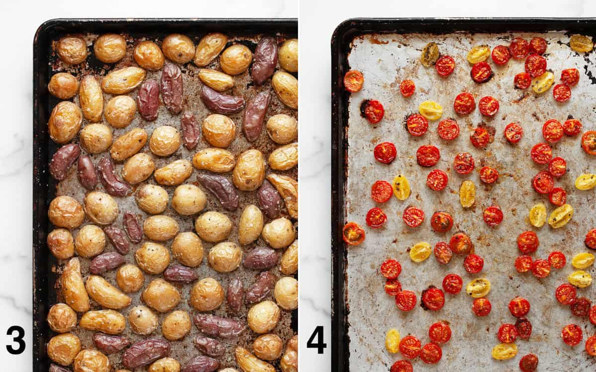 Roasted potatoes on one sheet pan and roasted tomatoes on another pan.