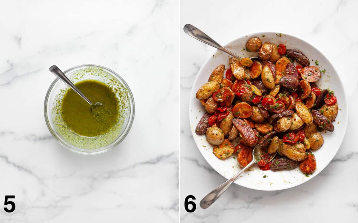 Pesto vinaigrette in a small bowl. Salad ingredients tossed together in a large bowl.