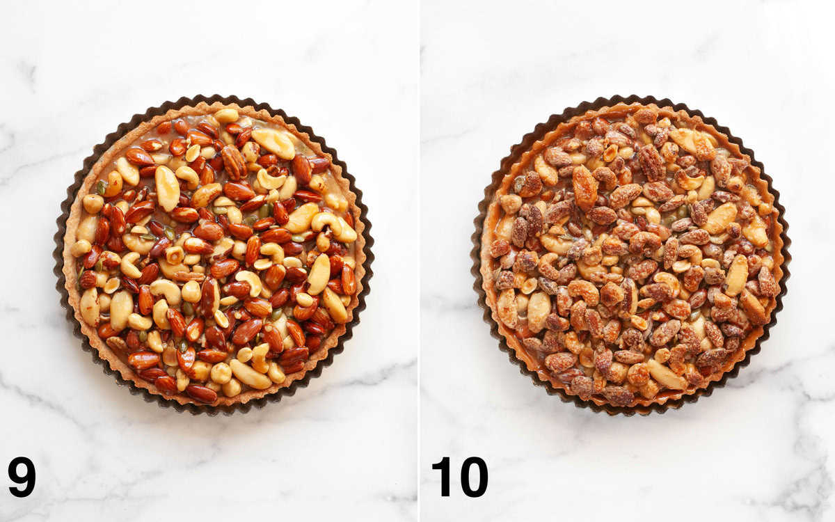 Tart before and after it bakes with the caramel nut filling.