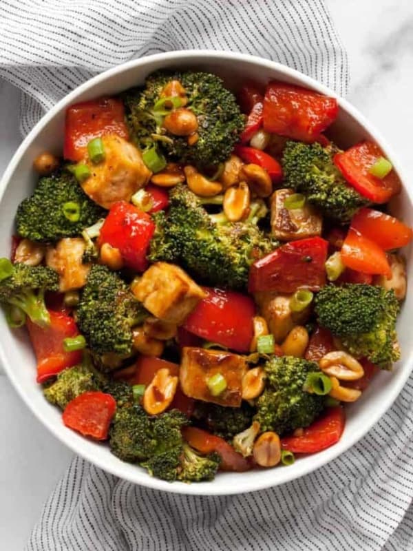 Kung pao tofu in a bowl.