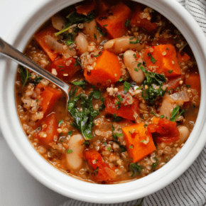 Bowl of quinoa vegetable soup.