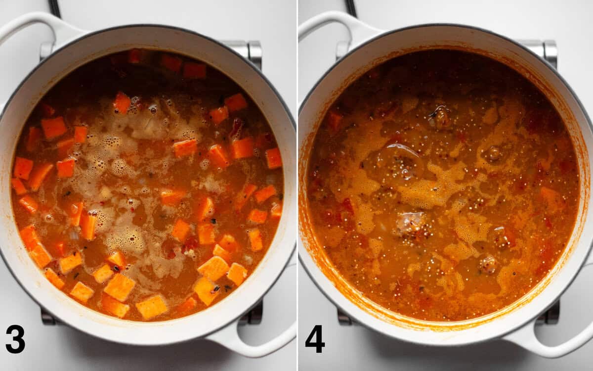 Soup simmering with sweet potatoes, beans, broth and tomatoes. Quinoa poured into soup.