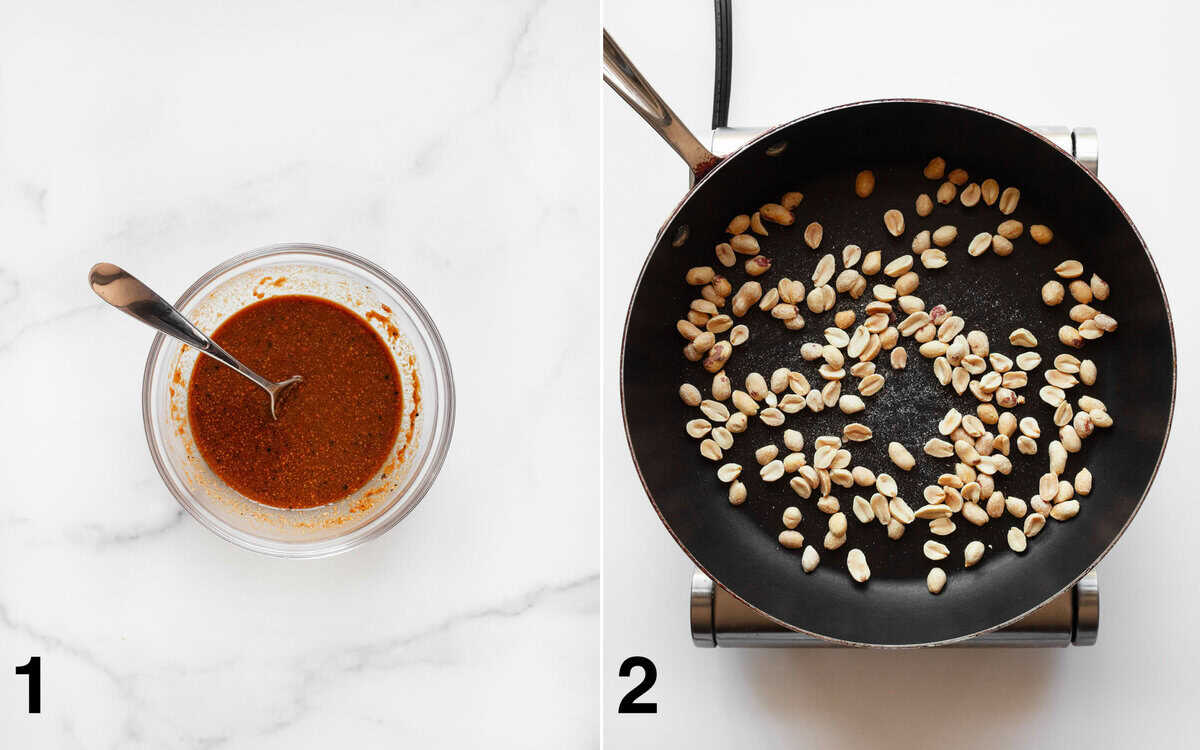 Peanut sauce stirred in a bowl. Peanuts toasting in a skillet.
