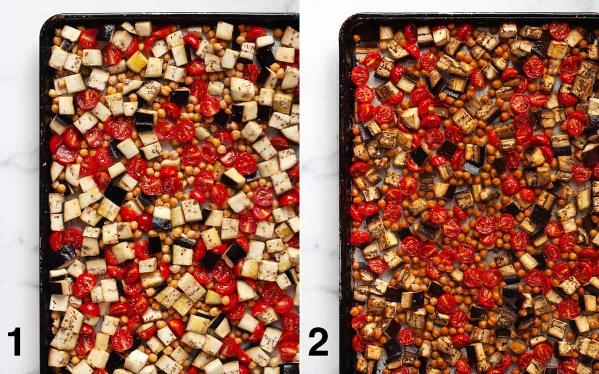 Eggplant, tomatoes and chickpeas on a sheet pan before and after you roast them.