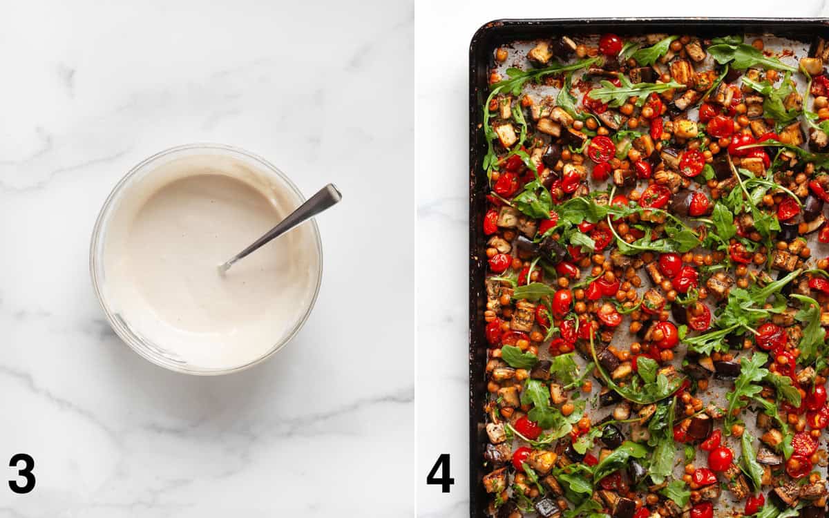 Lemon tahini sauce in a small bowl. Roasted eggplant, tomatoes and chickpeas tossed with arugula on a sheet pan.