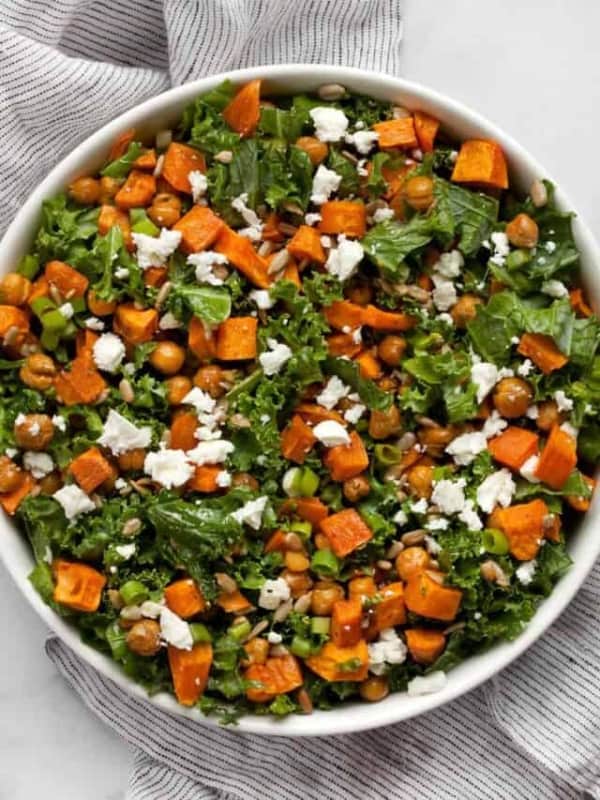 Sweet potato kale salad in a bowl.