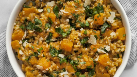 Baked squash risotto in a bowl.