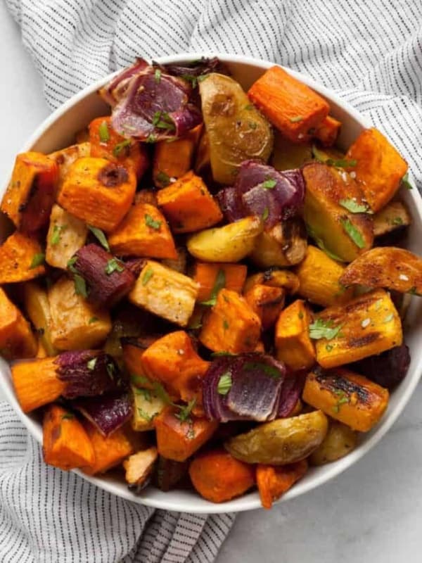 Roasted root vegetables in a bowl.