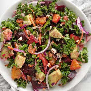 Roasted beet and orange salad on a plate.