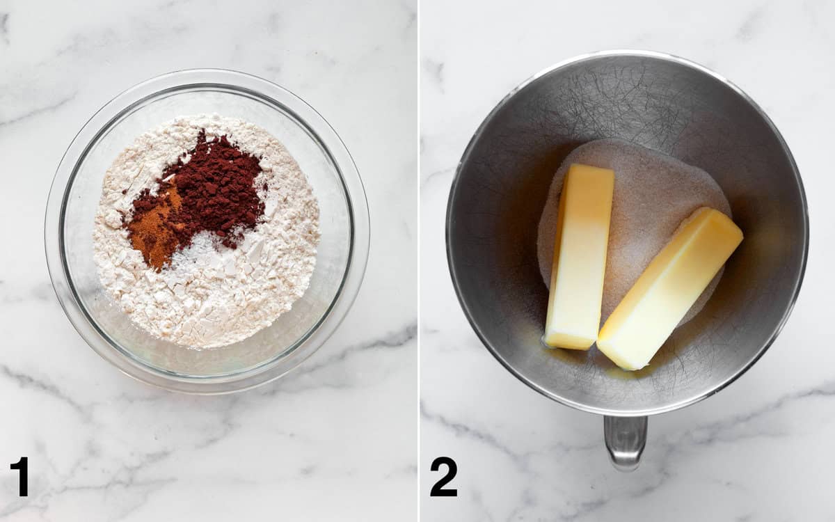 Dry ingredients in a bowl. Butter and sugar in a mixing bowl.