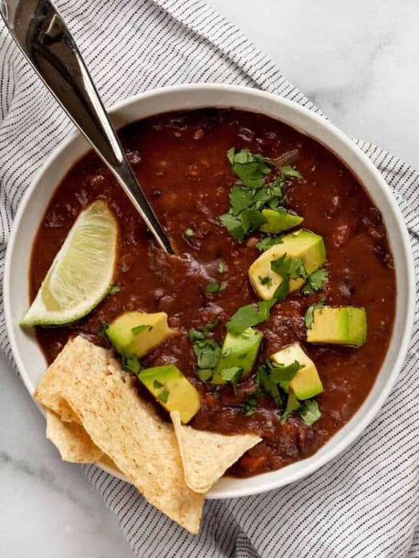 Bowl of vegan black bean soup.