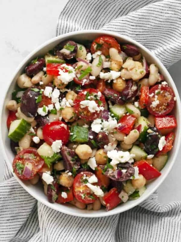 Mediterranean bean salad in a bowl.