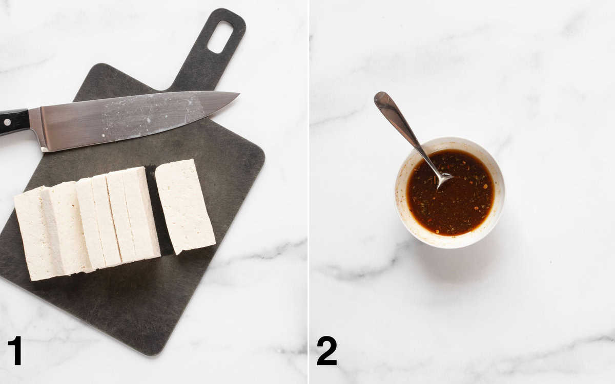 Tofu sliced on a cutting board. Marinade mixed in a small bowl.