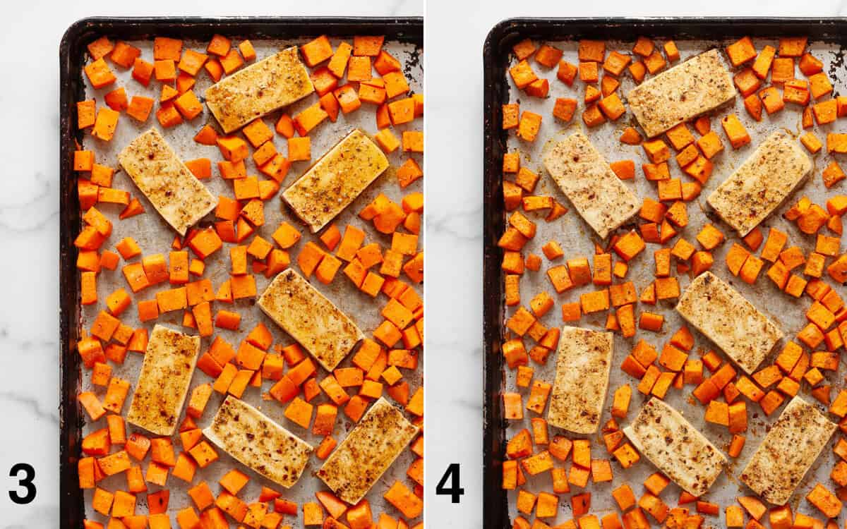 Tofu and sweet potatoes roasting on a sheet pan before and after they roast.