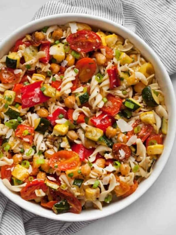 Roasted vegetable chickpea pasta salad in a bowl.