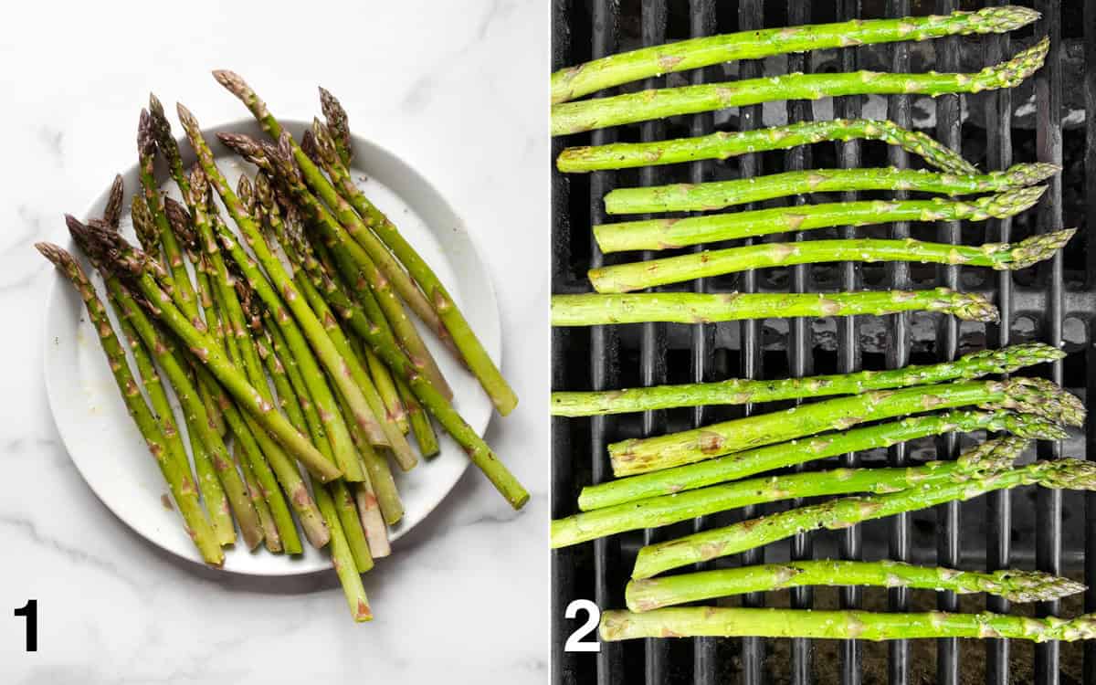Asparagus tossed with olive oil, salt and pepper on a plate. Asparagus on the grill.