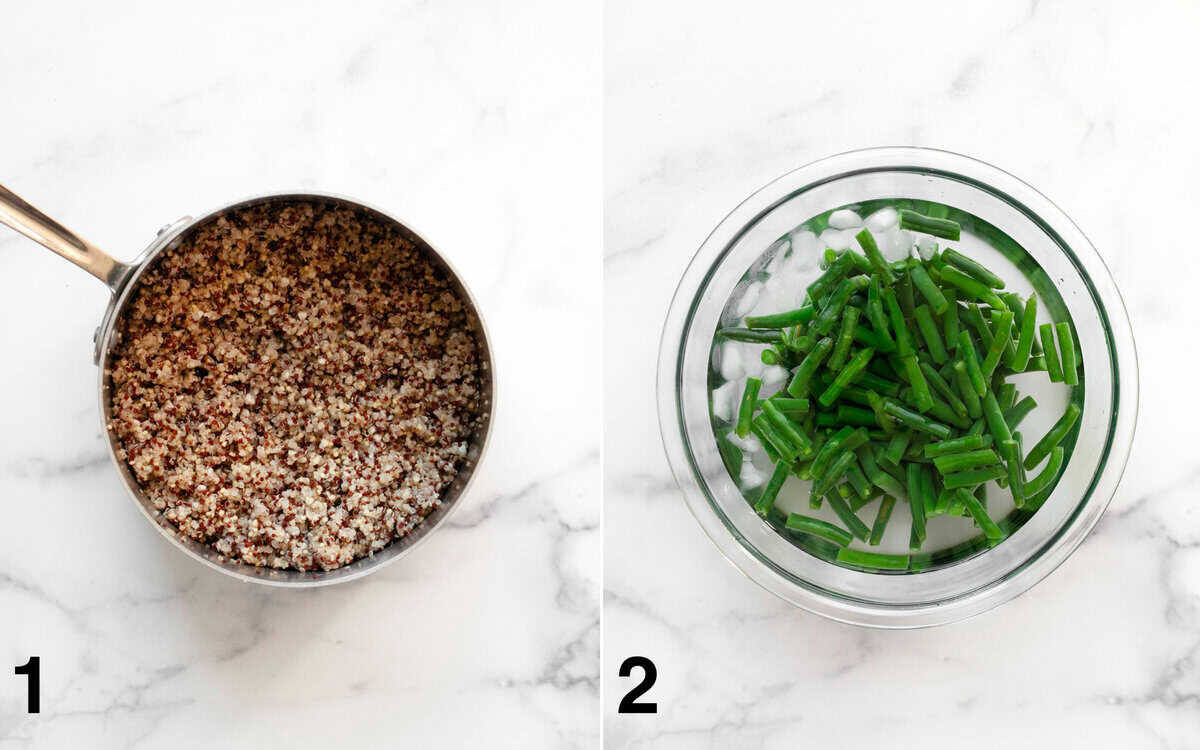 Cooked quinoa in a pot. Cooked green beans in a bowl of ice water.