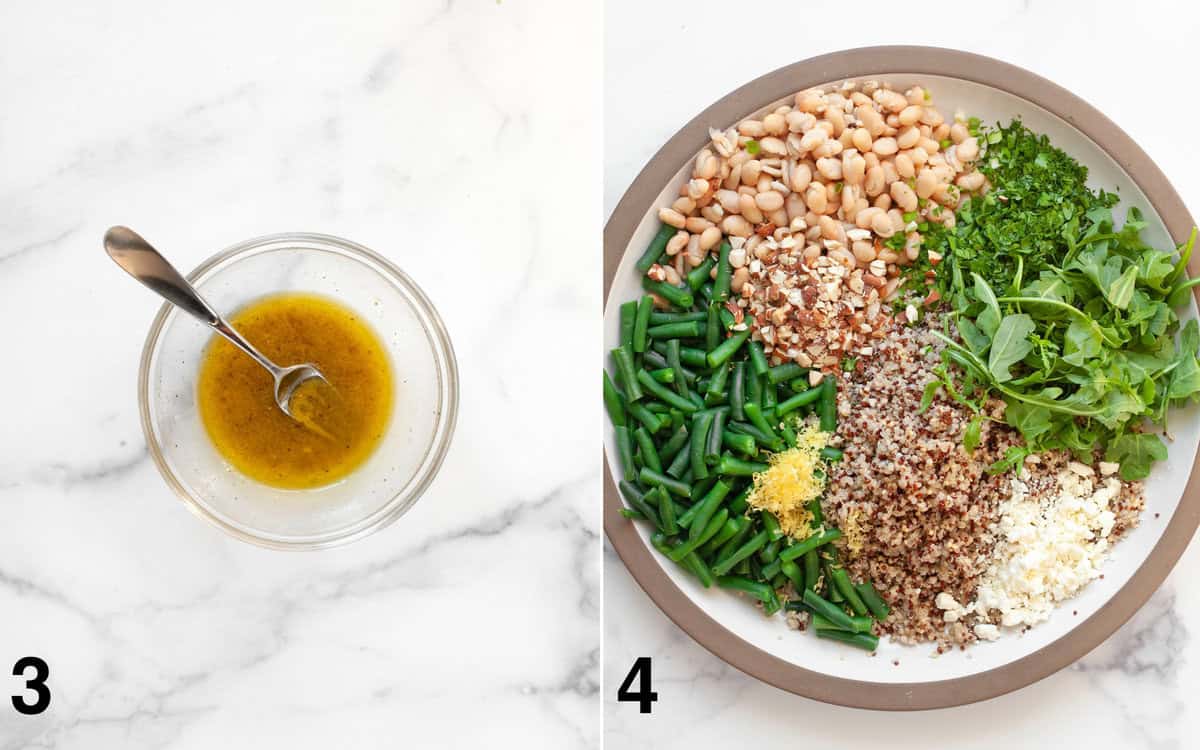 Lemon dressing in a small bowl. Quinoa ingredients in a large bowl.