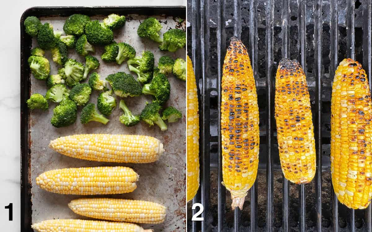 Vegetables tossed with oil, salt and pepper. Corn on the grill.