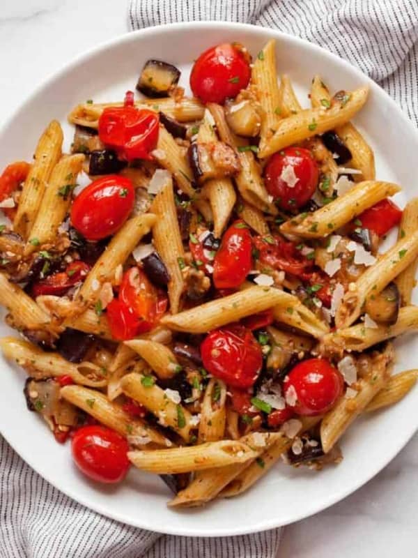 Cherry Tomato Eggplant pasta on a plate.