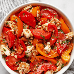 Tomato mozzarella salad in a large bowl.