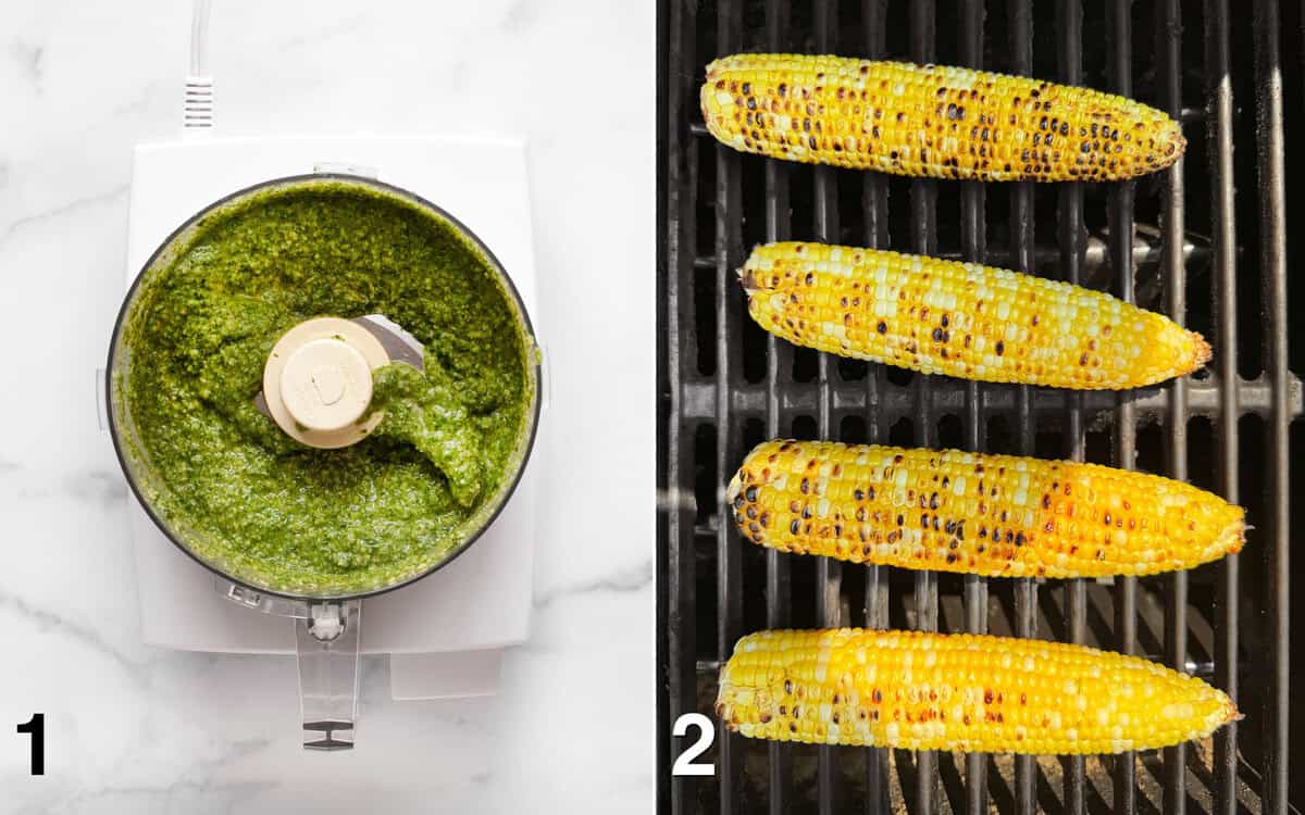 Cilantro pesto in a food processor bowl. Four ears of corn on the grill.