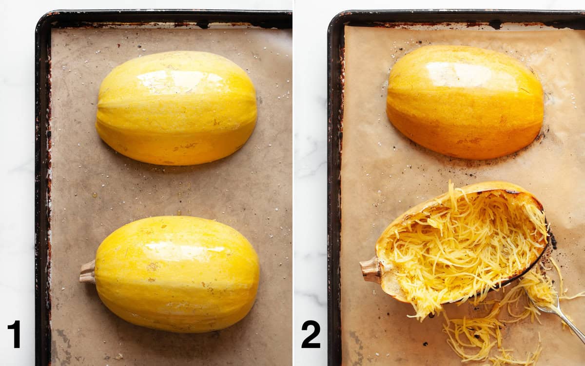 Halved spaghetti squash on a sheet pan before and after they roast.