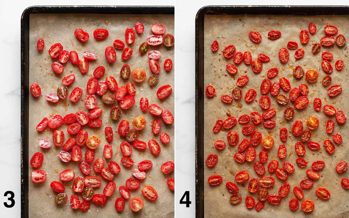 Tomatoes on a sheet pan before and after they roast.