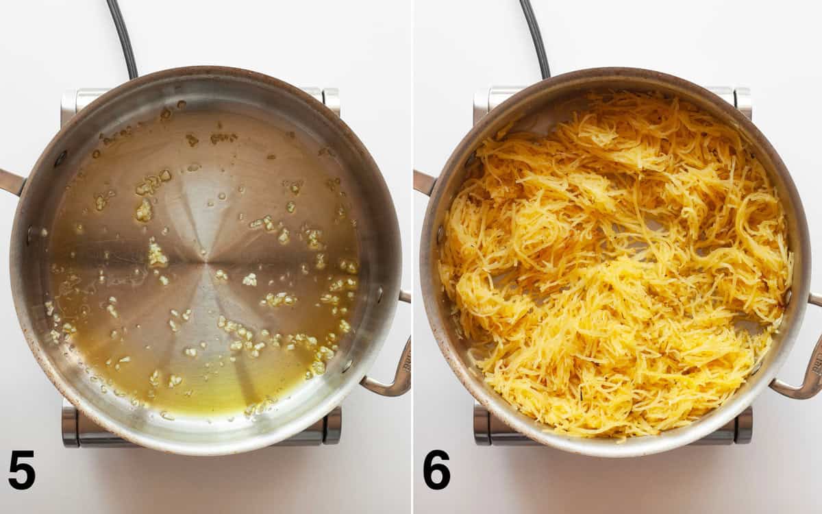 Minced garlic sautéing in a skillet. Roasted spaghetti squash stirred into garlic and oil.