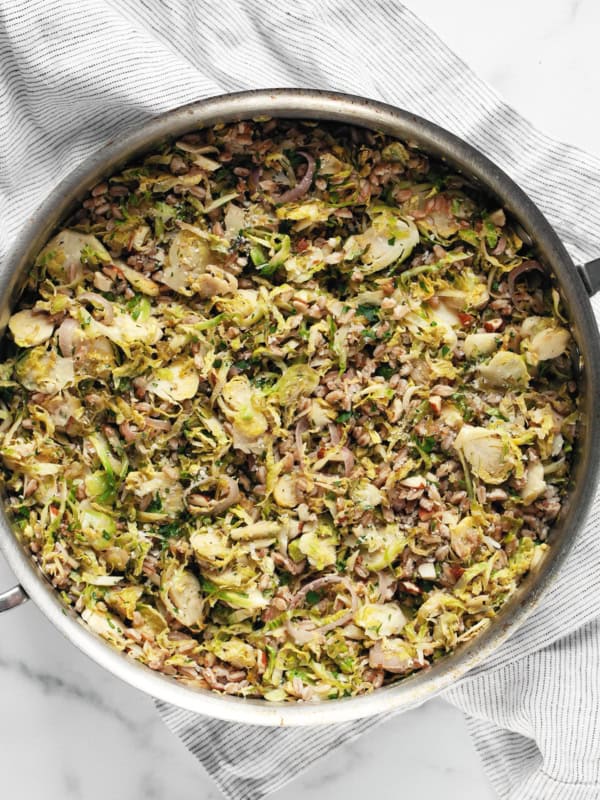 Lemon brussels sprout farro in a pan.