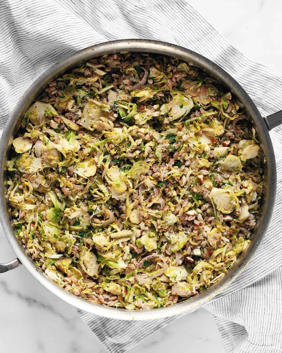 Lemon brussels sprout farro in a pan.