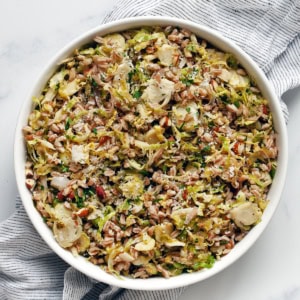 Lemon brussels sprout farro in a bowl.