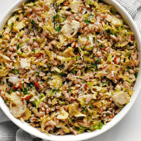 Brussels sprout farro in a bowl.