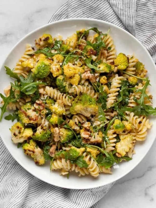 Roasted romanesco pasta on plate.