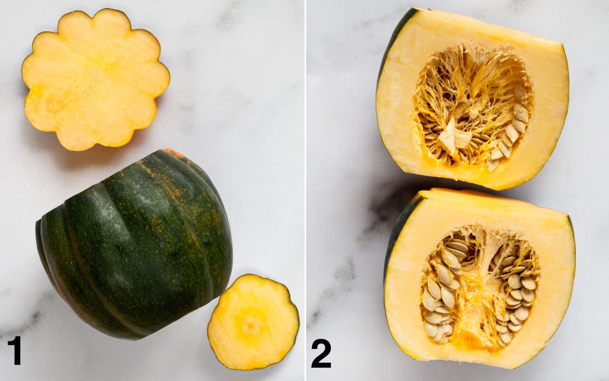 Cut the top and bottom off an acorn squash. Then slice in half lengthwise.