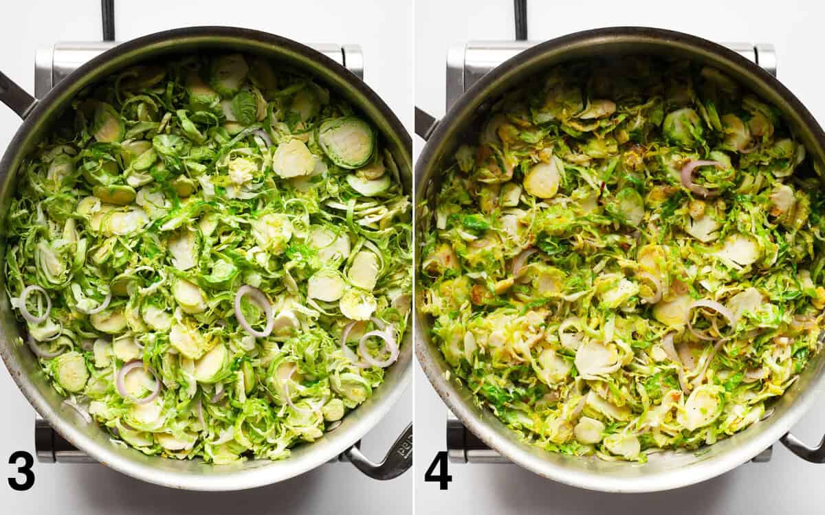 Sauteed brussels sprouts in a skillet. Shallots, garlic and seasonings stirred into sauteed sprouts.