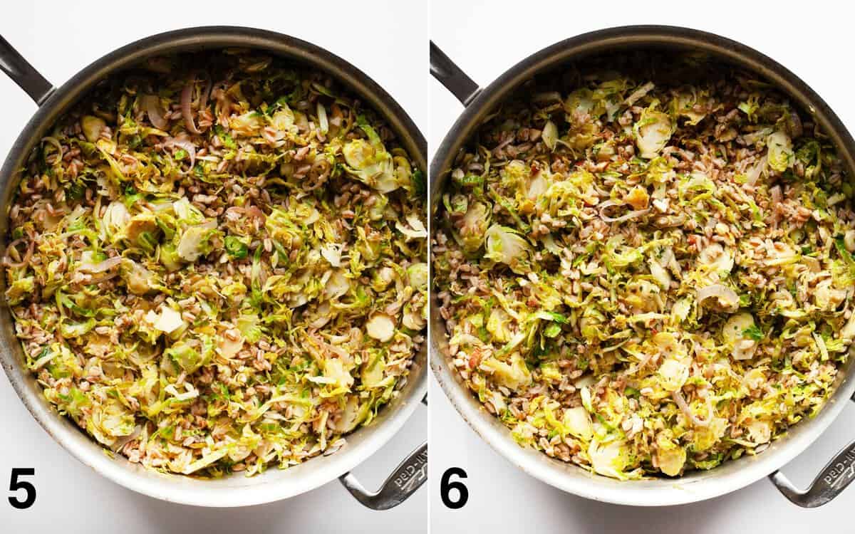 Farro stirred into sprouts in a pan. Parmesan, almonds and parsley folded into sauteed brussels sprouts and farro.