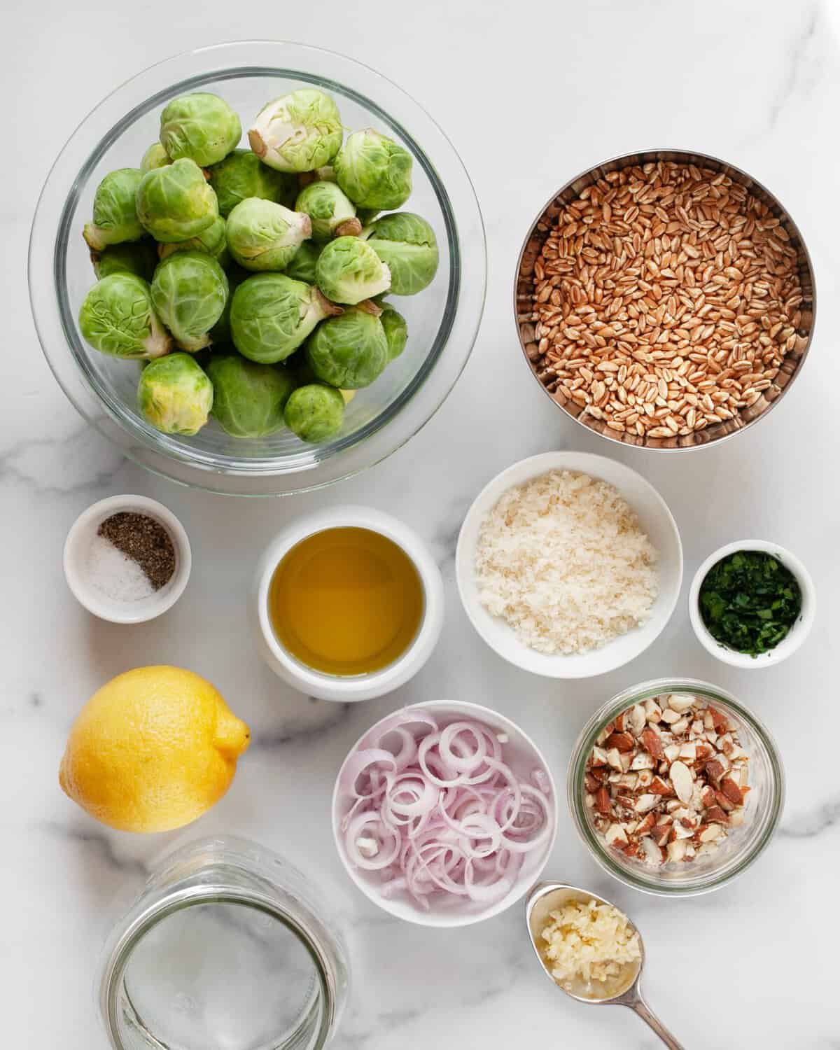 Ingredients including brussels sprouts, farro, lemon, garlic, olive oil, parmesan, parsley, almonds, shallots and seasonings.